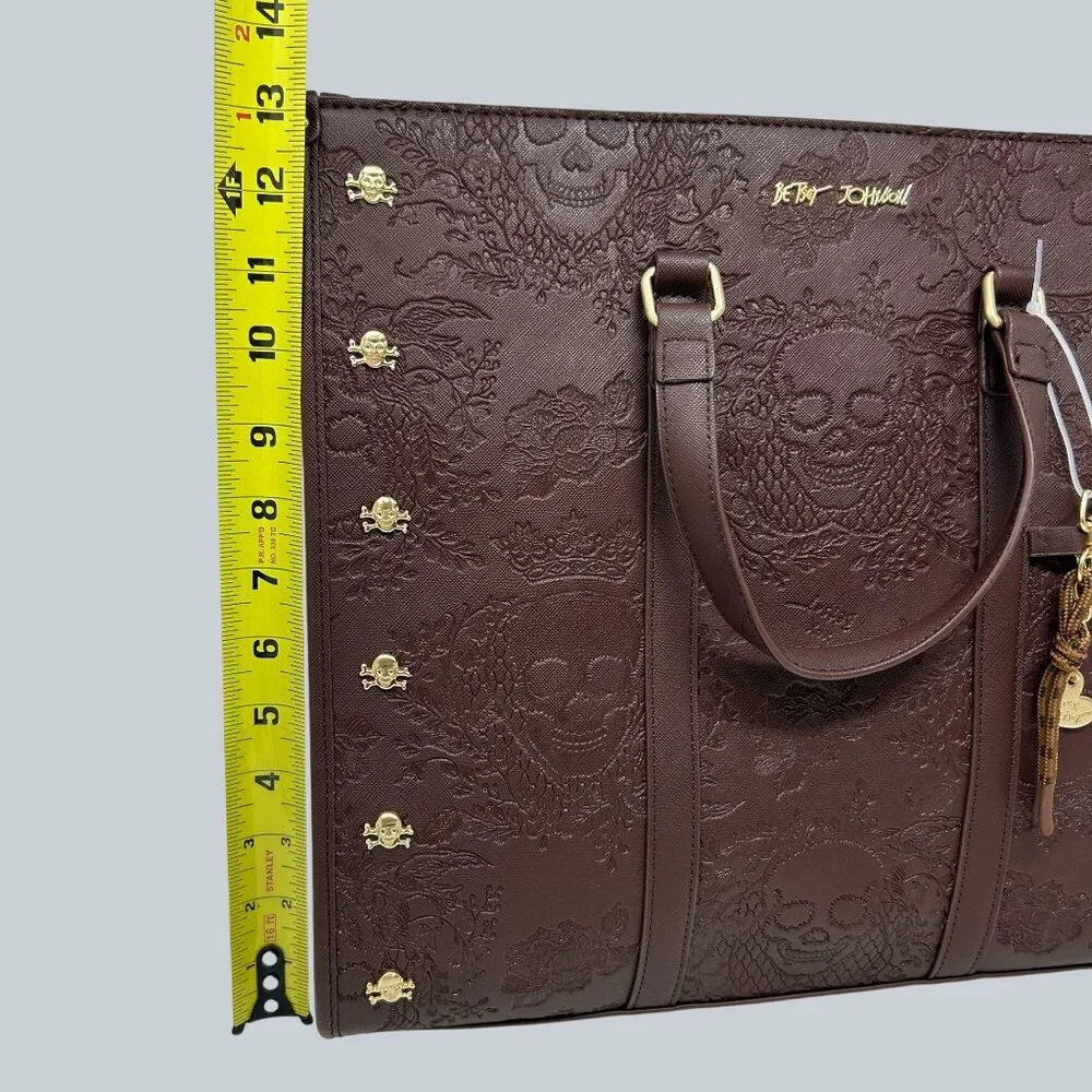 Betsey Johnson Brown Embossed Skull Tote Bag Gold Accents & Detachable Strap - Picture 10 of 12